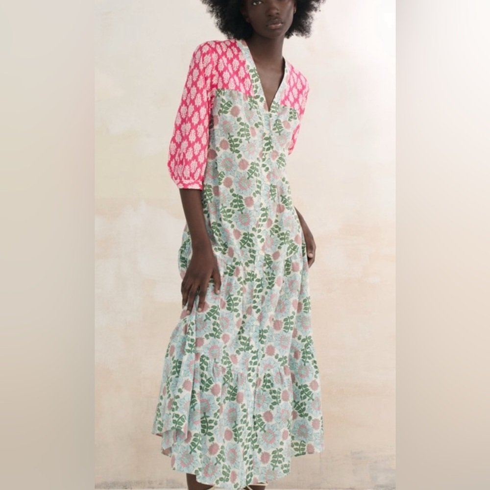 Zara ‘Paloma’ Midi Dress NWT Cotton Block Print Floral Pink Blue & Green M